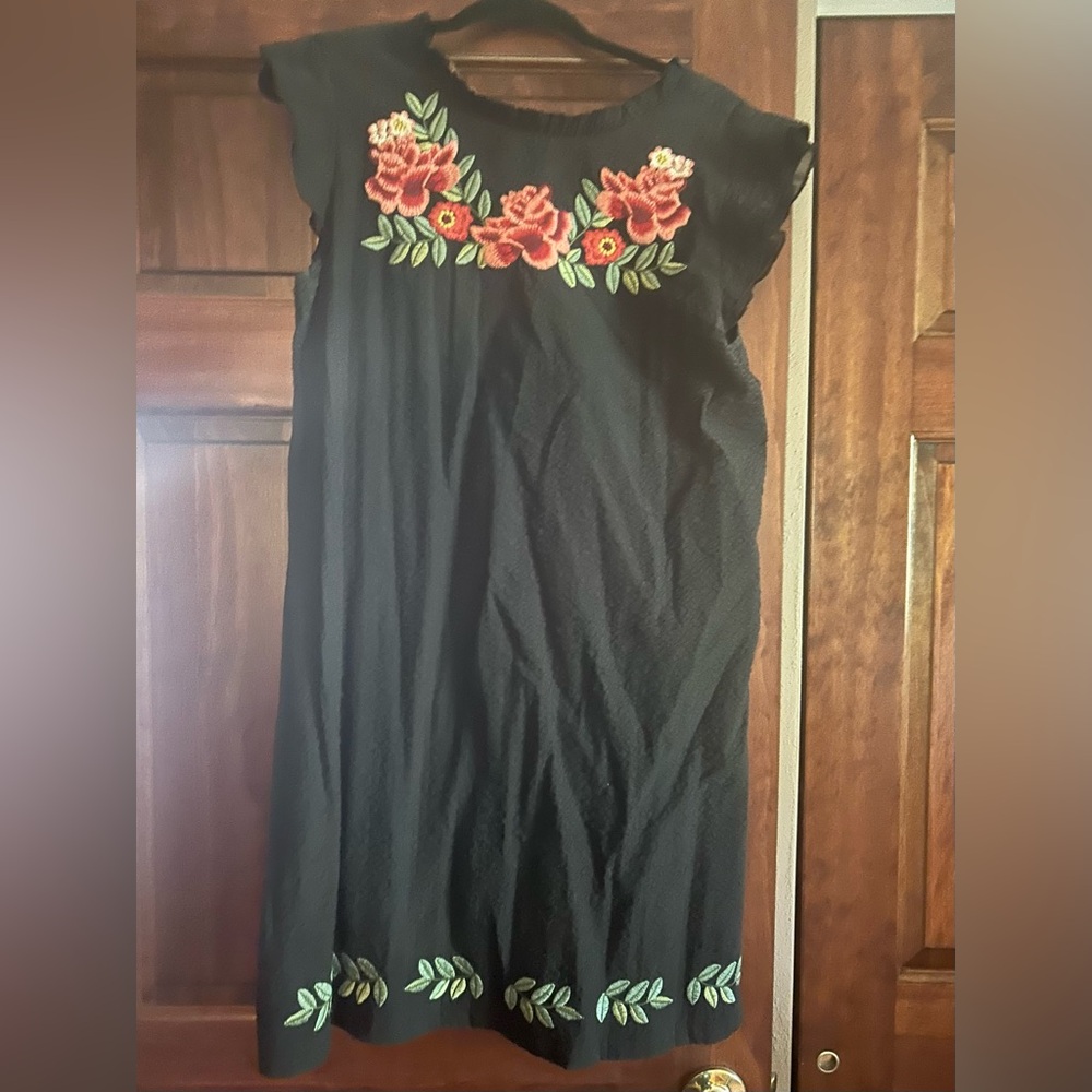 THML Black Dress with Red and Green Embroidery and Flutter Cap Sleeves